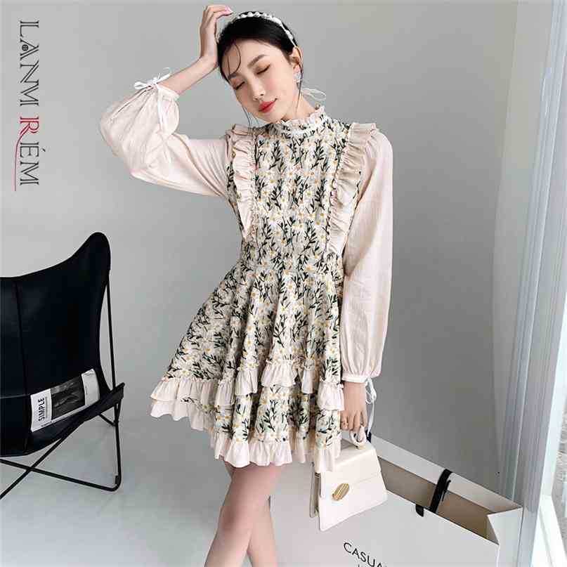 

Women's Ruffle Printed Dress Stand Collar Long Sleeve Loose Fit Temperament Fashion Trend Spring Autumn 2E1222 210526, Apricot