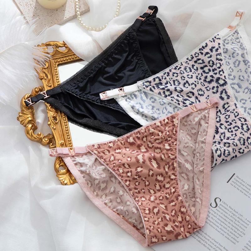 

Women's Panties Ice Silk Metal Buckle Underwear For Women Sexy Leopard Strawberry Print Comfortable Low Waist Seamless, Black;pink