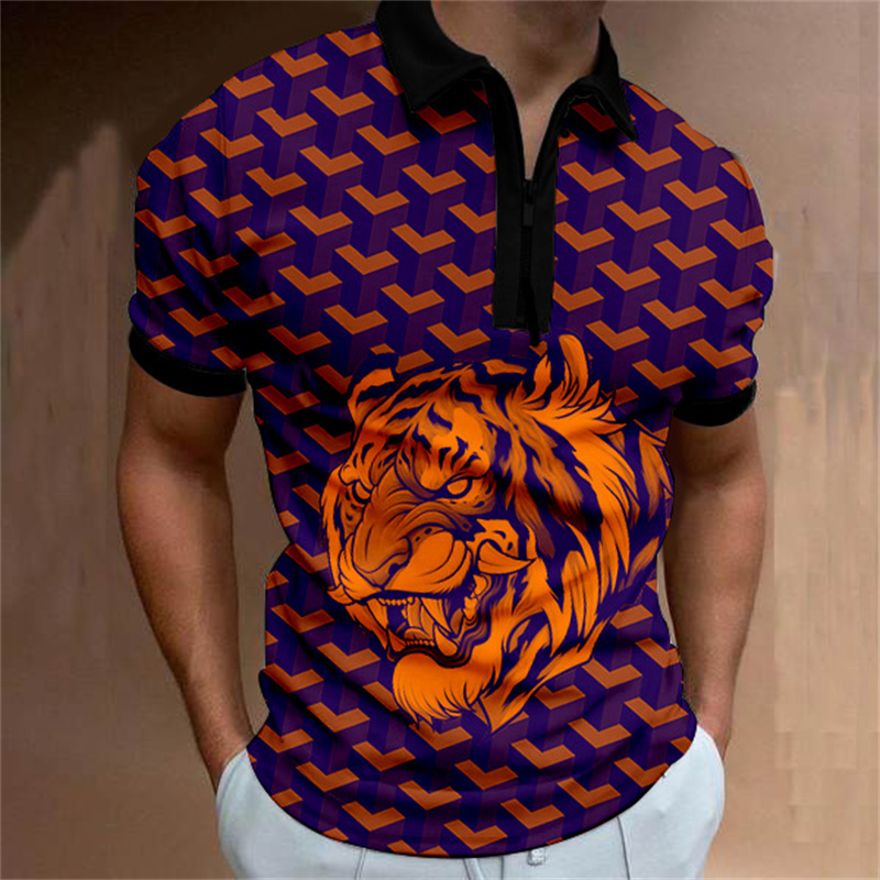 

Mighty tiger pattern men' zipper polo shirt high quality comfortable breathable fashionable cool daily travel work party, Picture 3