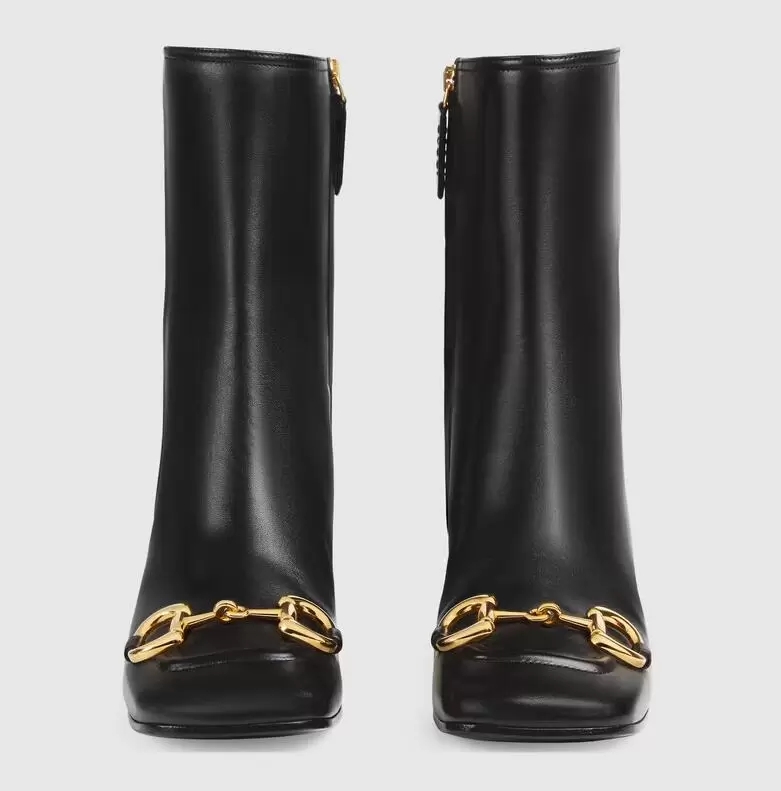 

Winter Horsebit Ankle Boot Women's Gold-toned Square Toe White Black Leather Boots Lady Bottes Famous Party Wedding Martin Combat Booties