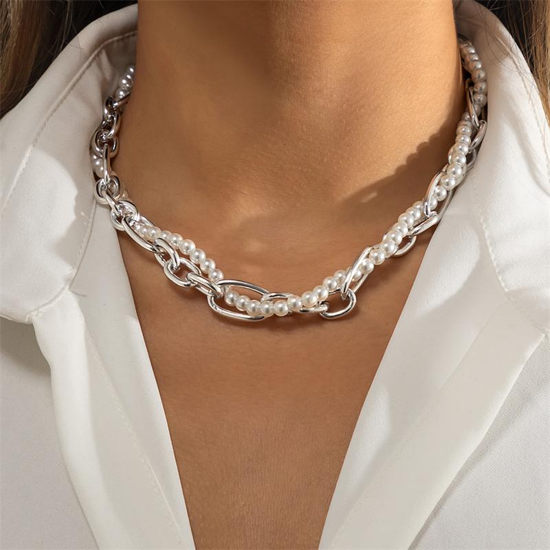 

Chains Trendy Hip-Hop Style Creative Winding Pearl Necklace Simple Exquisite Chain Clavicle Personality Ladies Jewelry Gift, Silver