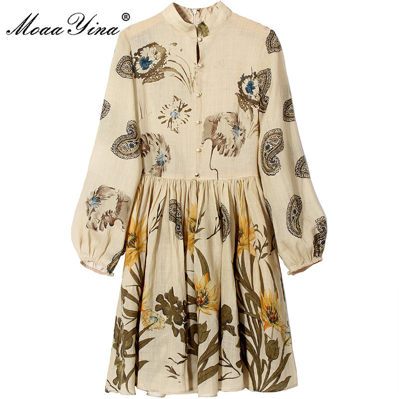 

Fashion Designer Summer Vintage Mini Dresses Women's Stand-up collar Lantern sleeve Floral print Elegant Party Dress 210524, Champagne