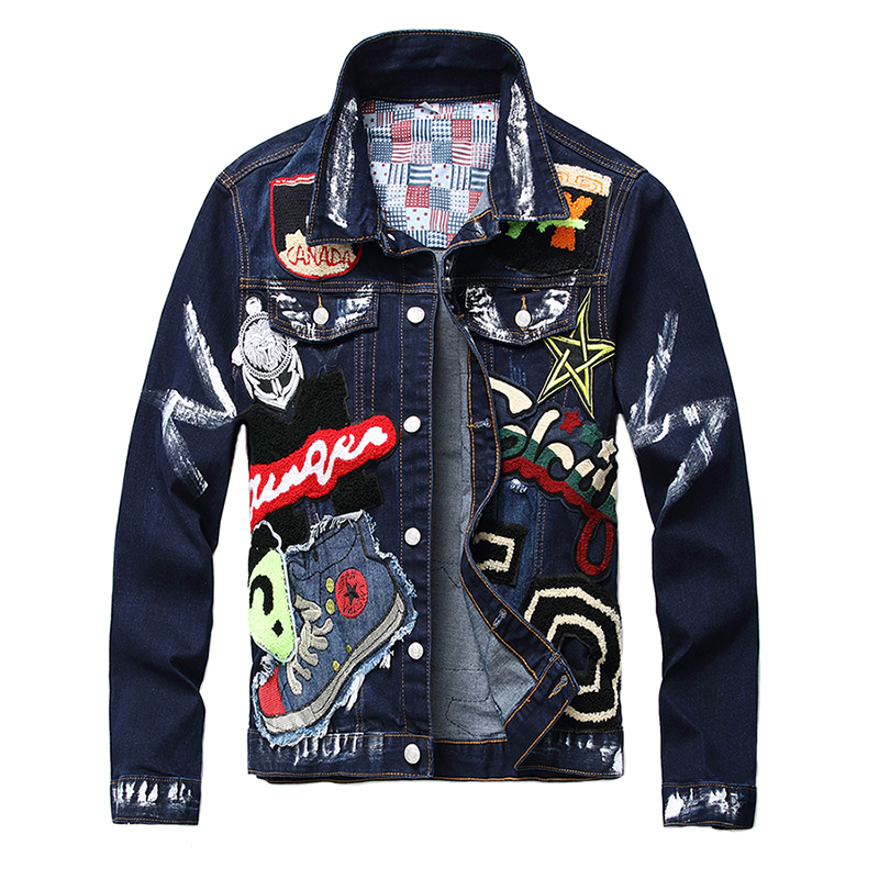 

Men's Badge Painted Patches Denim Jacket Trendy Beauty Patchwork Embroidered Motorcyle Jeans Coat Outerwear Veste pour hommes, 990