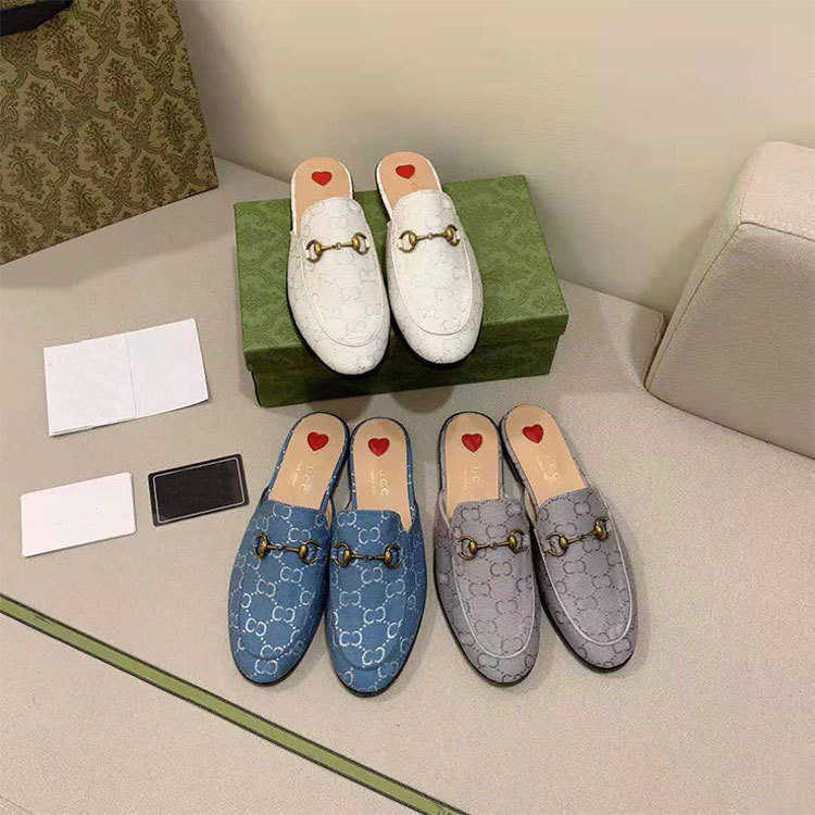 

Classic Luxury Brand Women's Slippers Ladies Lady'sPrincetown Embroidered Leather Slides Mules Shoes Flats, White double-g fabric