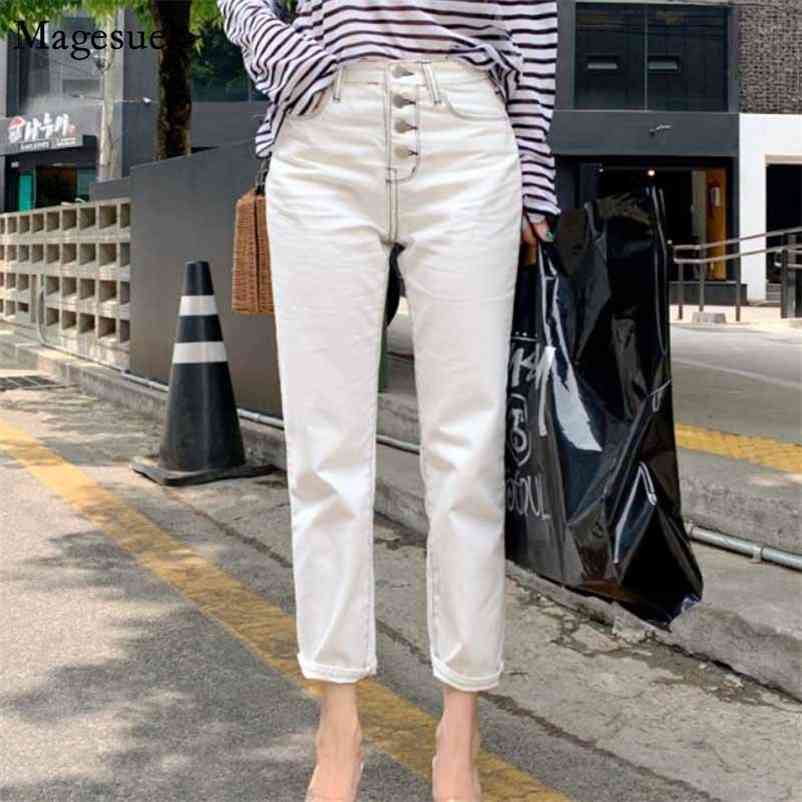 

Women's Classic All-match Elastic White Straight Casual Pants Autumn Woman Jeans Korean Style for Women 10417 210518, Ivory