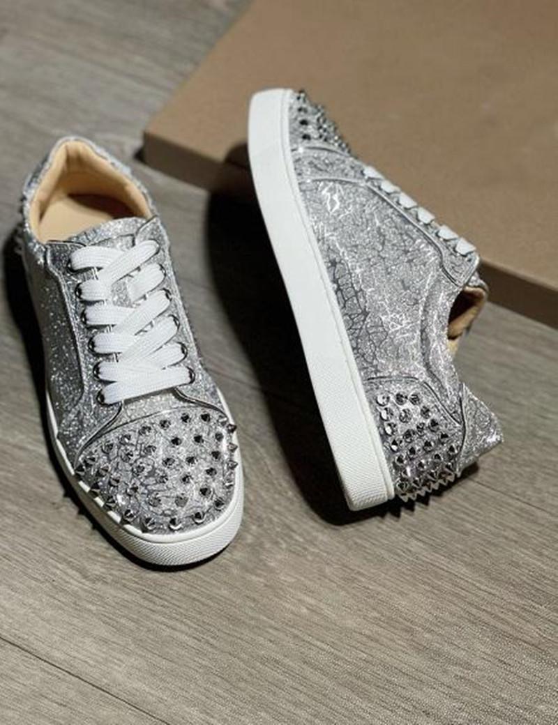 

LOUBOUTIN CHRISTIAN Fashion Luxury Junior Casual Shoes Low Top Red Bottom Sneakers Women,Men Vieira 2 Spikes Silver Glitter Trainers Par GCY