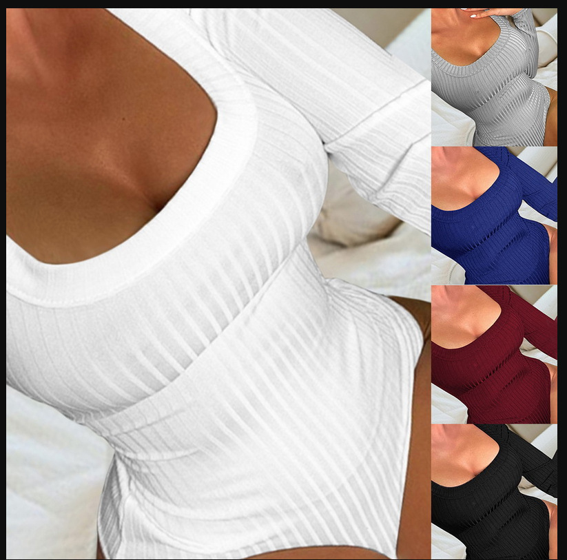 

Women's Jumpsuits & 2021 fashion solid color bottoming long-sleeved jumpsuit Sexy U-neck White Pit stripes Slim Rompers Casual Long Sleeve B, Mix or give list
