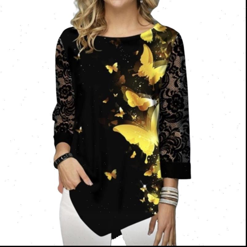 

plus size 5xl fashion women shirt spring print black 3 4 lace sleeve elasticity female casual, White