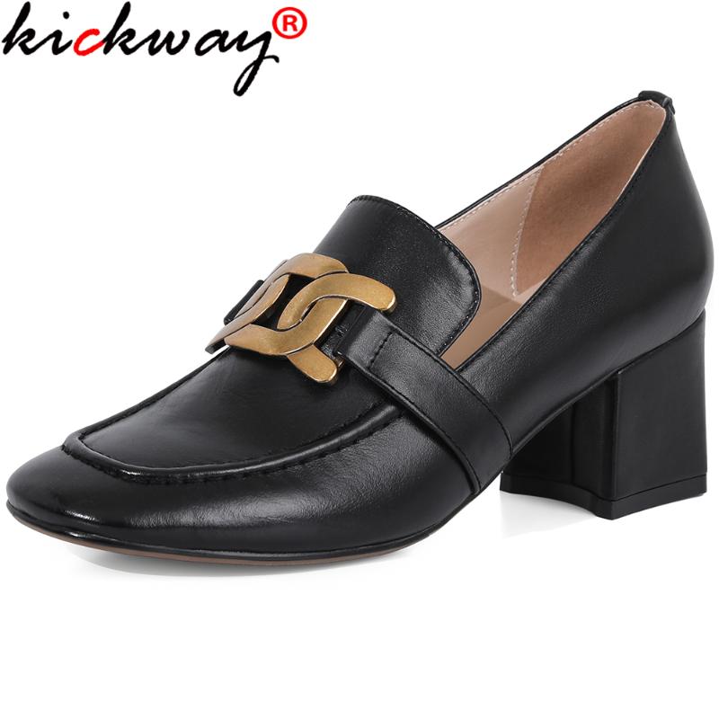 

Kickway 2021 Spring High Heels Pumps For Women Metal Decoration Square Toe Est Genuine Leather Working Casual Shoes Woman Dress, Black