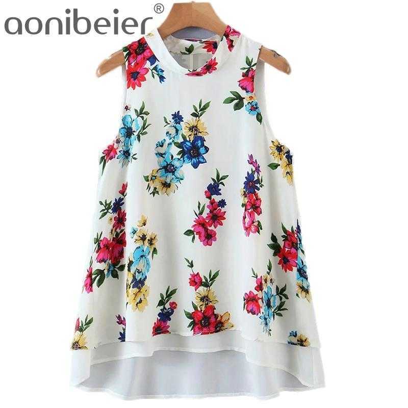

Flowers Print Sleeveless Shirts O-Neck Loose Pullovers Summer Casual Beach Tops Wrap Back Two Layered Women Blouses 210604, 01