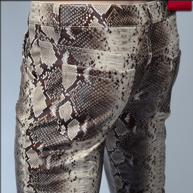 

Fashion Men Slim Faux Python Snake Print Leather Pants Men's Personality PU Leather Trousers Chandal Male High Quality 210518, Grey brown