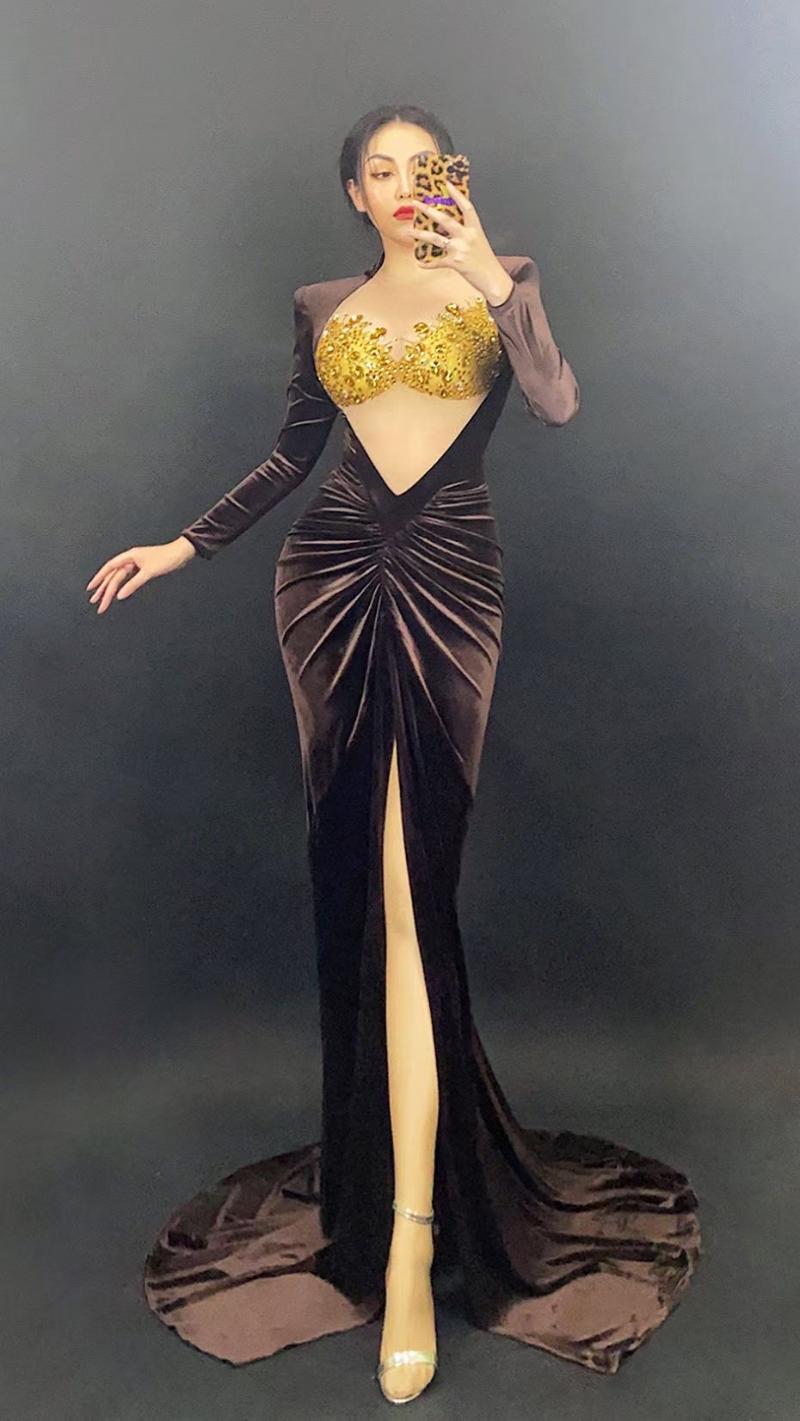 

Casual Dresses Fashion Rhinestones Velvet Trailing Dress Sexy Mesh Transparent Split Long Birthday Wedding Celebrate Evening Gown, As pic