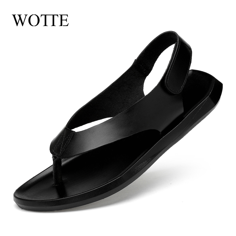 

WOTTE Summer Men Leather Sandals New design Fashion Casual Black Slip On Sandals Man Men's Flat Rubber Leather Flip Flops 210323, White