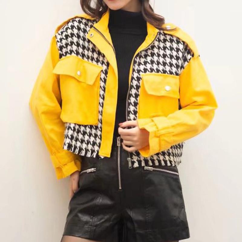 

Women's Jackets WXWT Women Fashion Color Contrast Houndstooth Jacket Long Sleeve Pockets Female Casual Outerwear Chic Tops XQJ9363, Black;brown