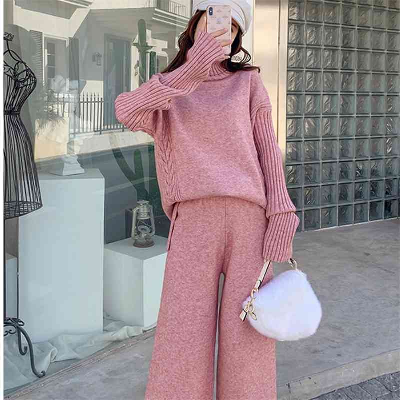 

Women Two Piece Set Tracksuit Pull Sleeve Thick Warm Knitted Turtleneck Sweater + Elastic Waist Long Wide Leg Pants Suit 210520, Photo color