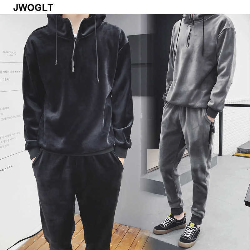 

Autumn Winter Soft Warm Men Velour Tracksuit Korean Fashion Gold Velvet Track Suit Hoody Hoodies and Jogger Pants 2Pieces Outfit 210528, Dark gray