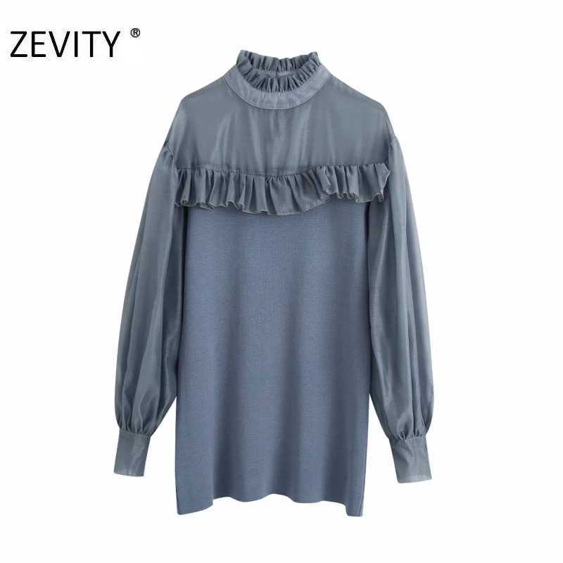 

ZEVITY women fashion pleat ruffles transparent organza patchwork knitting mini dress chic lady vestido casual dresses DS4444 210603, As pic ds4444bb