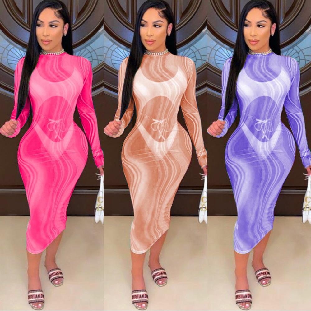 

Women Designers Clothes 2021 dress personalized rainbow printing long sleeve tight buttock skirt sexy perspective mesh, Pure coffee