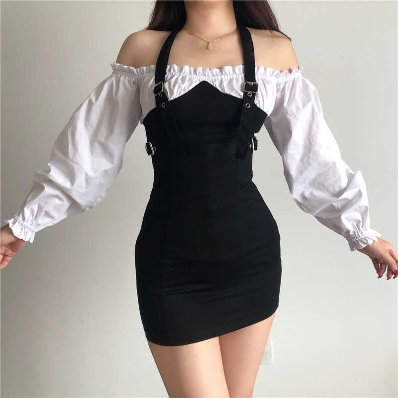 

Spring Solid Color Double Shoulder Slash Neck Bag Slim Hip Fake Two Pieces Sexy White Mini Dress Dresse CDM6 210603, Black