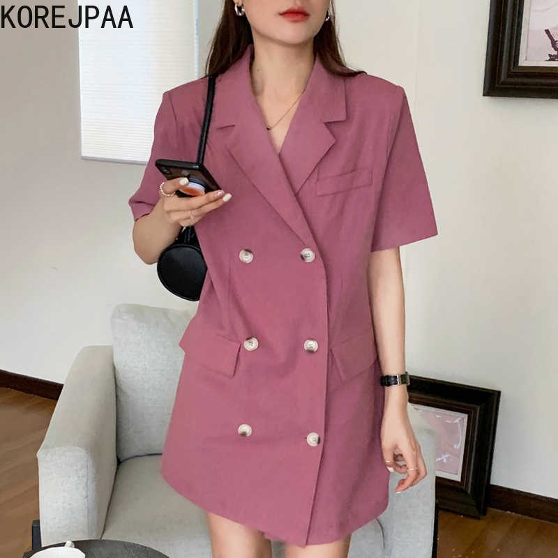 

Korejpaa Women Dress Summer Korean Chic Elegant Light Casual Style Lapel Double-breasted Loose Suit-style Short Dresses 210526, Photo color
