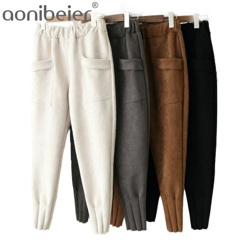 

Casual Autumn Winter Women Pants Korean Elastic High Waist Pockets Suede Harem Plus Size Trousers Femme Pantalon 210604, 06