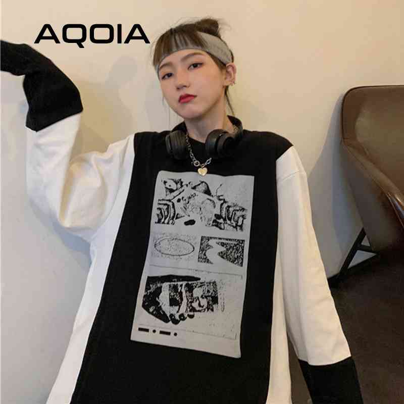 

Spring Vingate Long Y2K Women Sweatshirt Hoodies Patchwork Printing Oversize Woman Sweatshirts Korea Loose Female Pullovers 210521, Sku