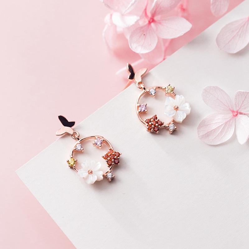 

Dangle & Chandelier Butterfly Drop Earrings For Women Round Enamel Flower Charm Crystal 925 Sterling Silver Luxury Ear Wedding Fine Jewelry