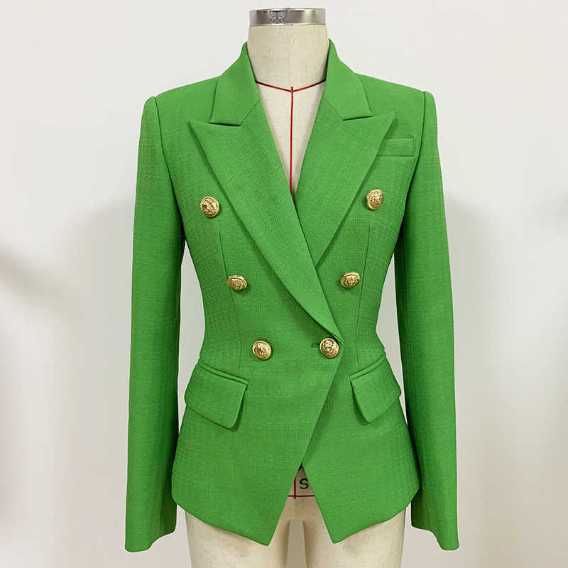 

HIGH QUALITY Fashion Designer Blazer Women's Classic Lion Buttons Double Breasted Slim Fitting Textured Jacket 210526, Green