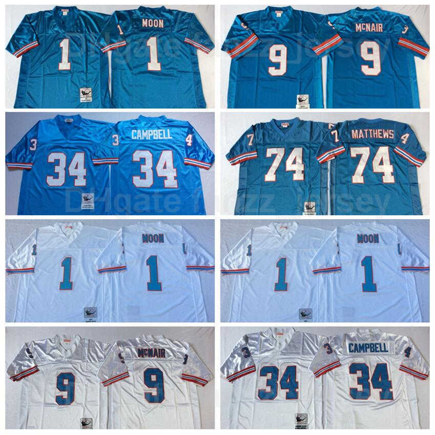 

NCAA Vintage Football Retro Jersey 34 Earl Campbell 9 Steve McNair 74 Bruce Matthews All Stitched Blue White Breathable Sports, 1 white