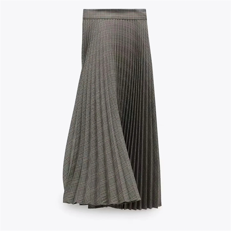 

women pleated check skirt beige A-line midi with invisible side zip fastening High quality 210520