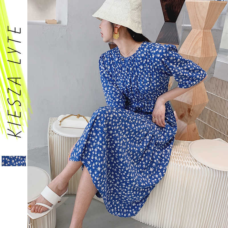 

Elegant Floral Chiffon Dress Pleated Waist Half Sleeved Round Neck French Retro Blue Midi A Line Dresses Feminine Vestidos 210608, Blue flower