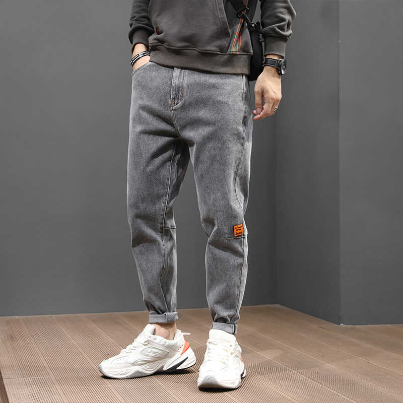 

Korean Style Fashion Men Jeans Retro Gray Loose Fit Elastic Spliced Designer Casual Harem Pants Streetwear Hip Hop
