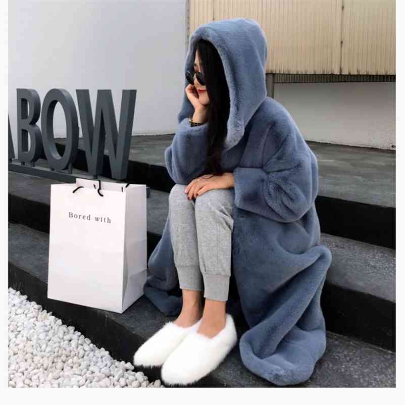 

Lcuk A Winter Fashion Solid Hooded Women Faux Fur Coats Ladies Thick Warm Outwear Jackets Female Loose Long Overcoat 210519, Blue
