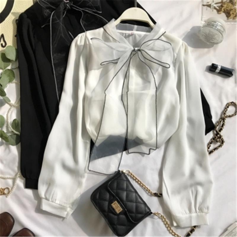 

Women's Blouses & Shirts 2022 Spring Autumn Elegant Lace Up Bow Blouse Women Lantern Long Sleeve Solid Chiffon Shirt Slim Fit Blusas PZ2904, White