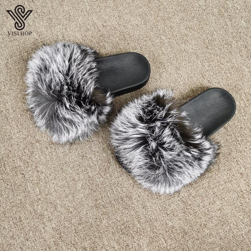 

Slippers 15cm Wider Fur Style Slides Ladies Real Shoes Flip Flops Flat Fluffy Big Retail Wholesale VS1008, Black