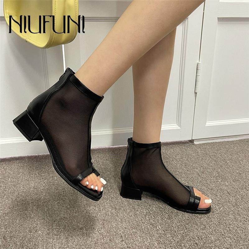 

Boots Zipper Roman Peep Toe Mesh Women's Sandals Summer Casual Mid Heel Women Shoes Transparent Net Breathable Black Set