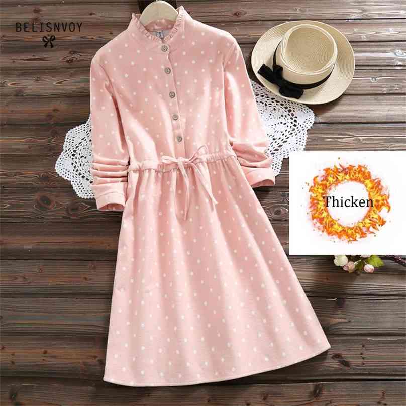 

Mori Girl Autumn Winter Warm Women Dresses Ruffled Polka Dot Printed Long Sleeve Female Vestidos Sweet Pink Drawstring Dress 210520