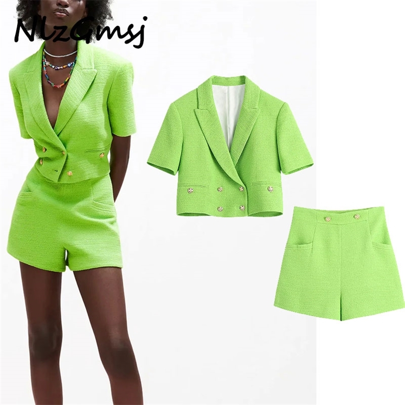 

Two Piece Set Women Cropped Blazer Jacket With Shorts Suit High Waist Summer Elegant Woman 05 210628, As picture