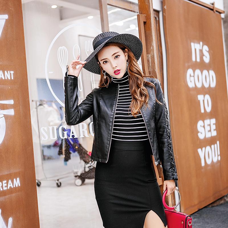 

Women's Leather & Faux 2021 Autumn Fashion Women Jacket Lace Up Sleeve Short Motorcycle Slim Solid PU Jackets Female Plus Size 4XL, Black