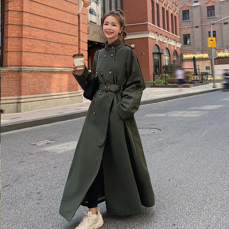

Women's Trench Coats [EWQ] Korea Chic Army Green Coat Women Autumn 2021 Laple Loose Lace Up Waist Double Breasted Long Sleeve Windbreaker, Tan;black