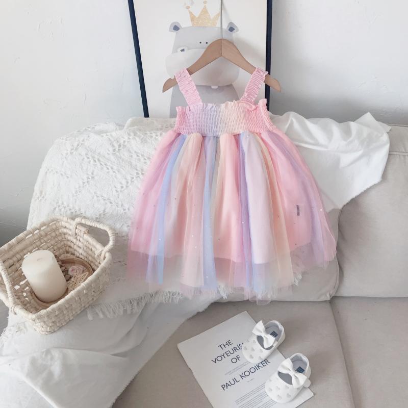 

Girl's Dresses Casual Girl Sweet Sleeveless Summer Children Beach Dress 24M-7Y Baby Gir Mesh Clothes Fashion Kids Costume, As photo