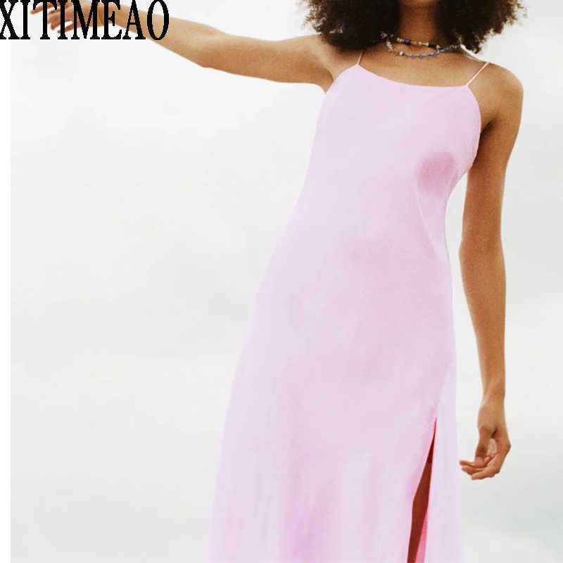 

Za Summer Woman Party Night Dress Fashion Pink Slit Slim Midi Sexy Off Shoulder Sling es Vestidos 210604