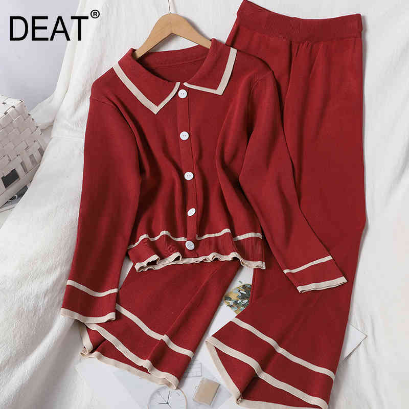 

Women Knitting Patchwork Lapel Long Sleeve Pants Arrivals Two Piece Set Fashion Spring Summer 11D393 210525, Apricot
