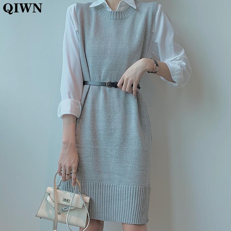 

Autumn Office Sweater Dress Women Korean Sleeveless One-Piece Woman Vintage Split Knitted Straight With Belt Casual Dresses, Black;gray