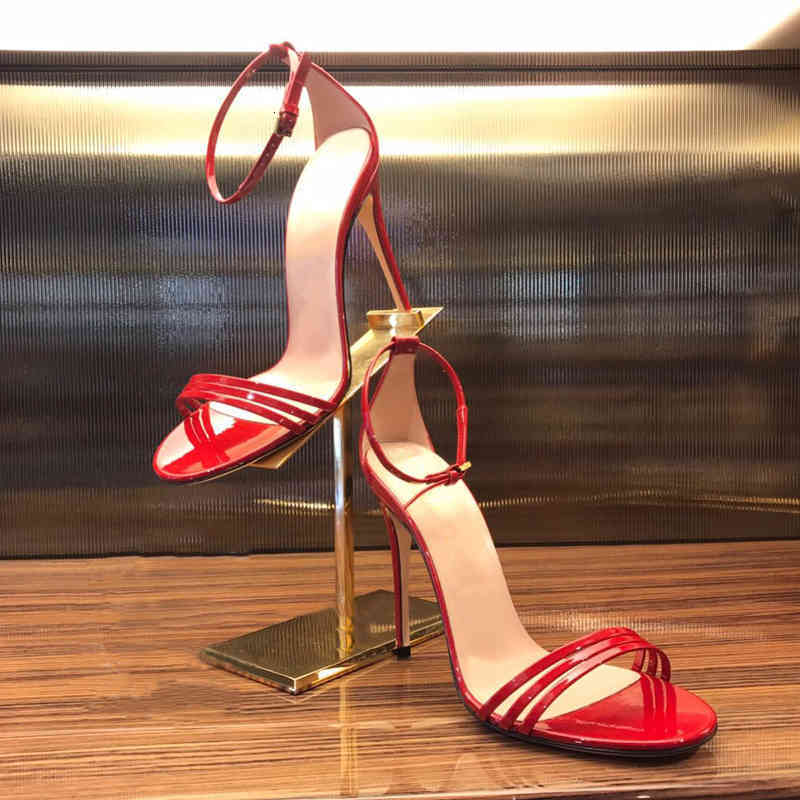 

Alta qualidade preto vermelho Sandals tiras sandálias tornozelo cinta 10cm salto alto verão vestido sapatos de couro patente transversal 6JKA, 1# shoe box