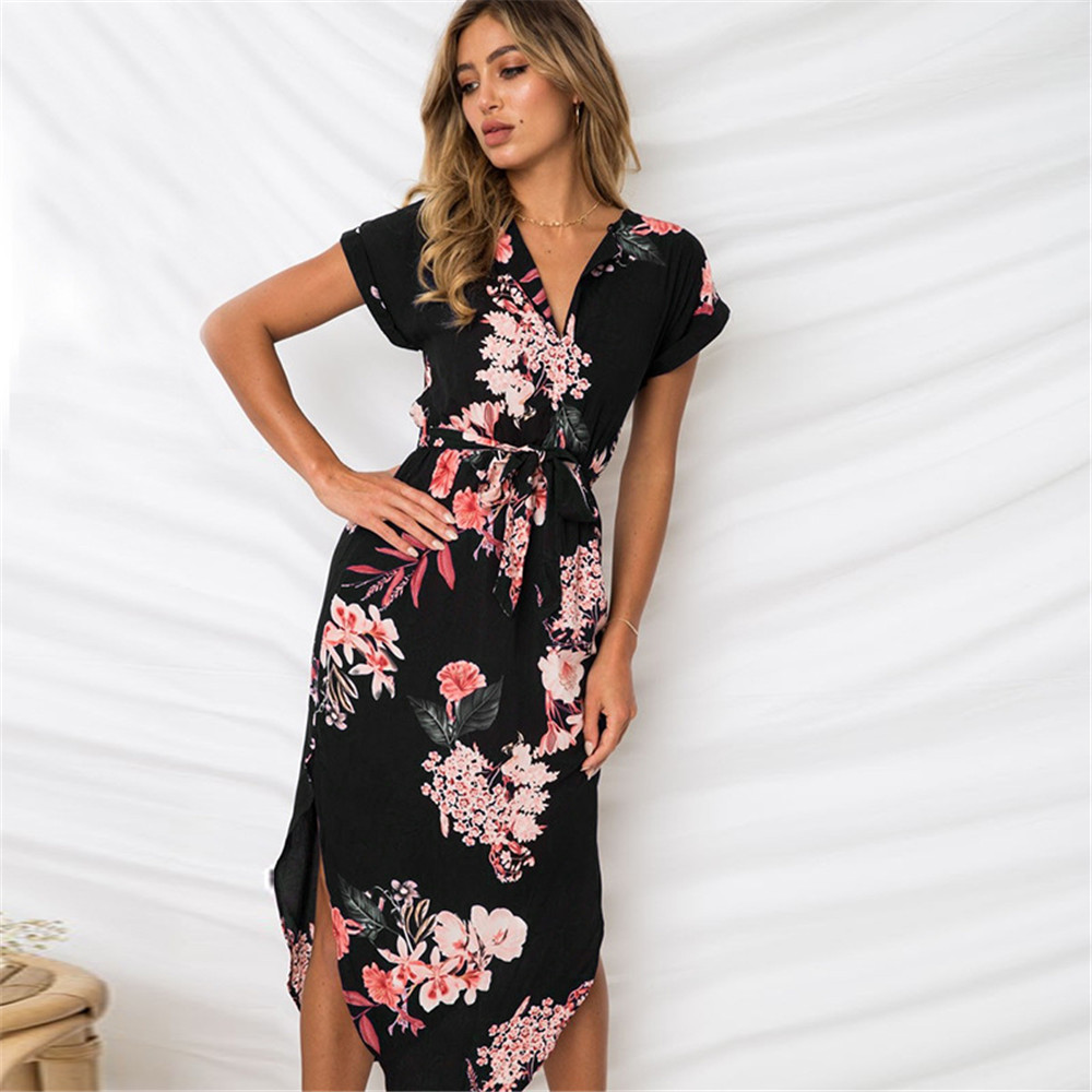 

2021elegant asymmetrical boho dresses women dress summer 2021 bohemian dress midi sundress female plus size casual floral vestidos, Black;gray