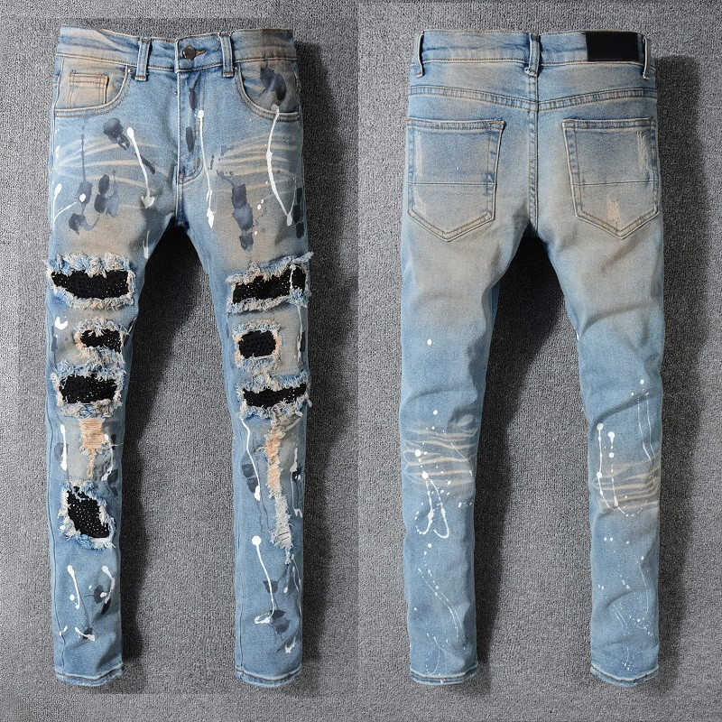

Mens Jeans Classic Hip Hop Pants Stylist Distressed Ripped Biker Jean Slim Fit Motorcycle Denim trousers, Blue-523