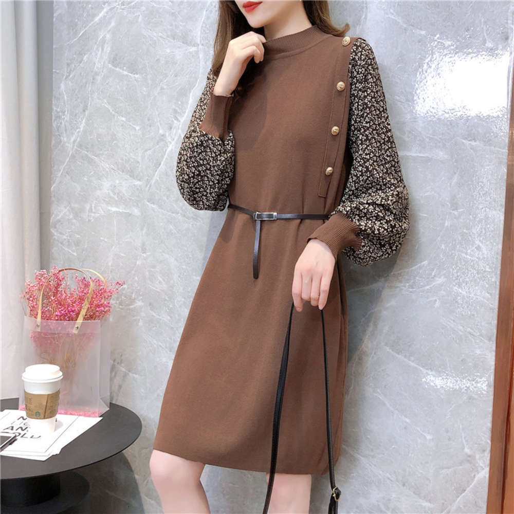

sweaters size spring and winter skirt fake two pieces of broken flower stitching Auricularia edge feminine age reducing knitted sweater dress, White;black