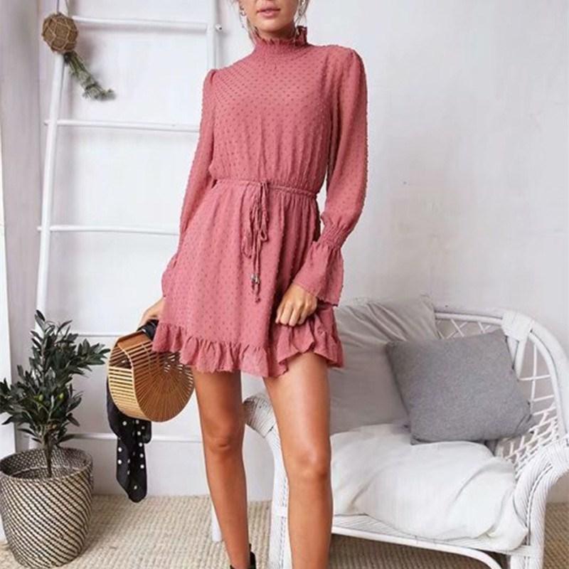 

Casual Dresses 2021 Spring Vintage Ruffle Pink Beach Mini Dress Elegant Mesh Turtleneck Long Sleeve Black Chiffon Vestidos, Army green