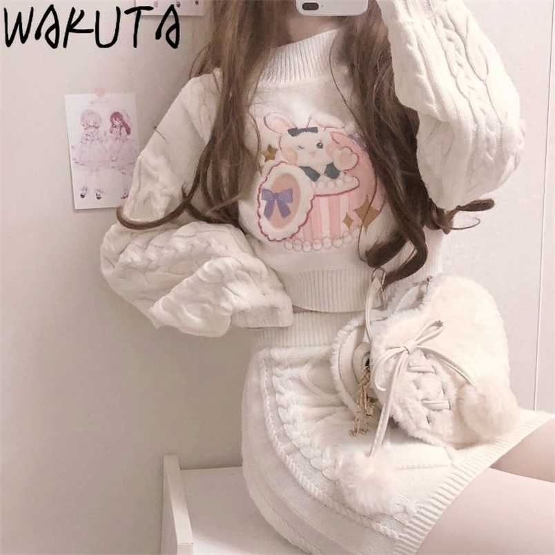 

WAKUTA Sweet Knitted Cartoon Cropped Sweater and Short Skirt Womens 2 Piece Set Japanese Mori Girls Outfits Spring Chic 211109, White